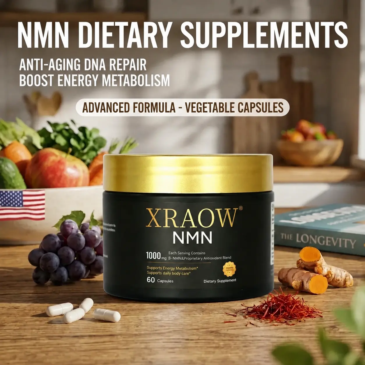 XRAOW Liposomal NMN + NAD+ Supplement with Trans-Resveratrol - Cellular Renewal & Antioxidant Support - Energy Boost & DNA Repair - Third-Party Tested - 60 Capsules (30-Day Supply)