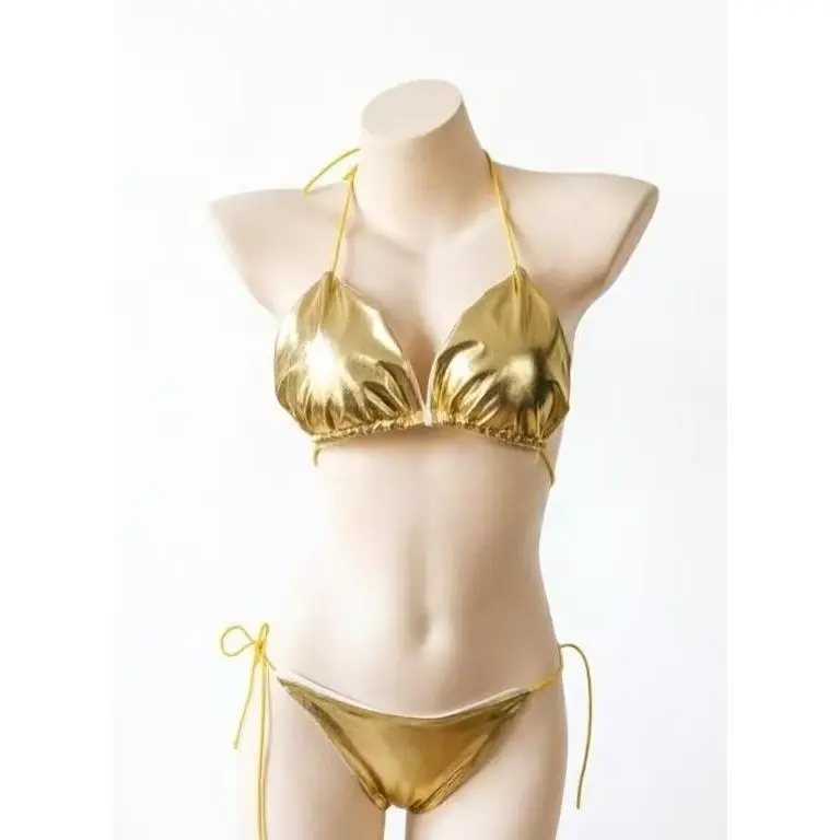 Metallic Gold Halter Bikini Set for Women, Sexy Padded Triangle Top with Adjustable Tie Side String Bottoms for Beach & Pool Festivals, Sexy Lingerie, Beach Girl Aesthetic, One Size Fits All, Custom-Fitted Bikinis Set