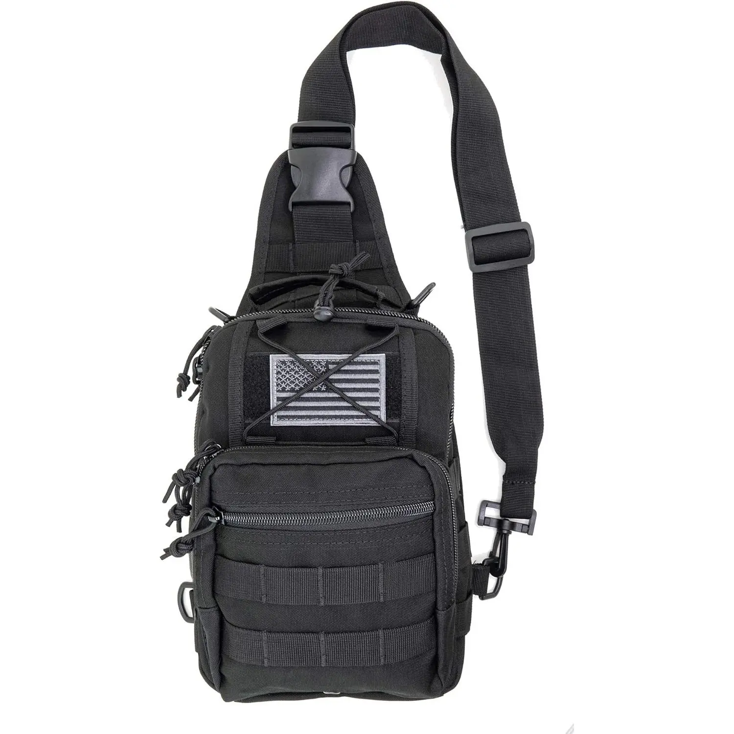 Heavy-Duty Tactical Sling Backpack with Molle Attachment System, Padded Adjustable Strap for Outdoors, Includes USA Flag Patch - Black, Backpacks