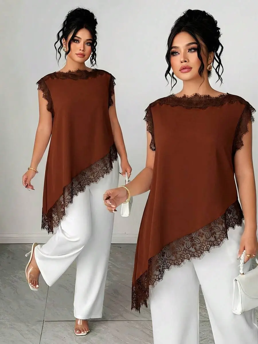 Velia x Elenzga Plus Size Women's Draped Neck Sleeveless Blouse, Black And White Color Block Hem Lace Patchwork Long Elegant Old Money Style Blouse, Commuter Elegant White Elegant Women's Blouse Tank Top, Graduation, Holiday, Valentine's Day, Music Festiv