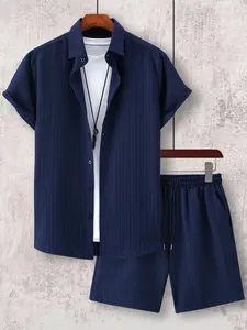 Men's Regular Fit Striped Print Short Sleeve Shirt & Pocket Shorts Two-piece Set without Tee & Necklace, National Day Clothing, Casual Summer Outfits Set for Men, Mens Clothing