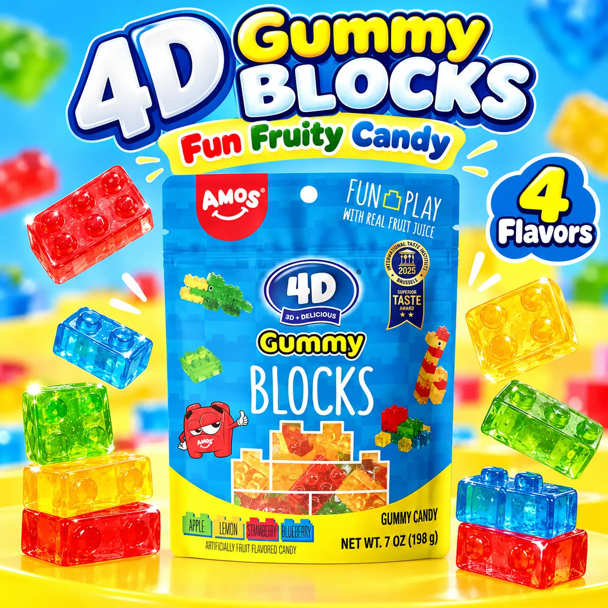 AMOS 4D Gummy Blocks Candy, Edible Building Bricks, 4 Fruity Flavors, Fun Birthday Party Favors & Cupcake Toppers, Resealable 7oz Bag | US Stock | Delivery Within 5 Business Days