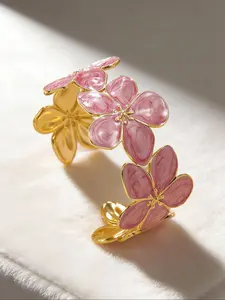 Romantic Colorful Enamel Flower Shaped Stainless Steel Bangle Bracelet, Perfect for Weddings & Travel, Ideal Valentine's Day Gift