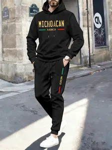 Men's Fashion Letter Print Long Hoodie Sweatshirt + Casual Sweatpants Set, Trendy Comfortable Soft Fleece Design, Perfect for Fall & Winter Daily Wear, 2 Piece Matching Set, Clothes, Outfit