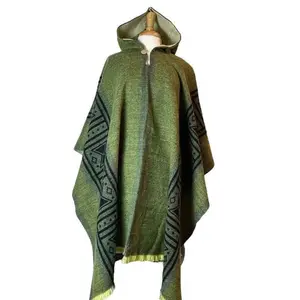 Unisex Alpaca Wool Poncho Hoodie Bruno Poncho Green Brown Blue Soft Lightweight Bohemian Style with Fringes and Geometric Patterns