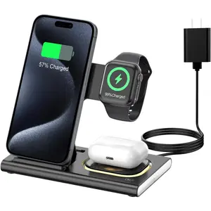 3 in 1 Foldable Charging Station for Apple Products,Fast Wireless Charger Travel Dock Adapter&Light for iPhone 16/15/14/13/12/11/X/XS,for iWatch 10/9/8/7/Ultra2/Ultra/SE,for AirPods 4/3/2/Pro/2(Black)