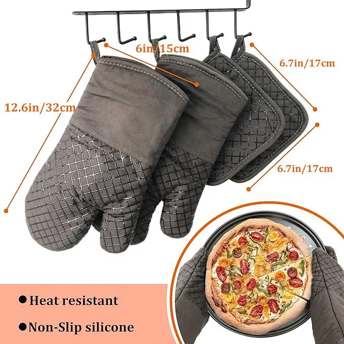 4Pcs Oven Mitts & Pot Holders Set, 500°F High Heat Resistant, Long Silicone Non-Slip Oven Gloves with Recycled Cotton Lining, Kitchen Heat Protection for Baking Cooking, Grey, Holiday Gift
