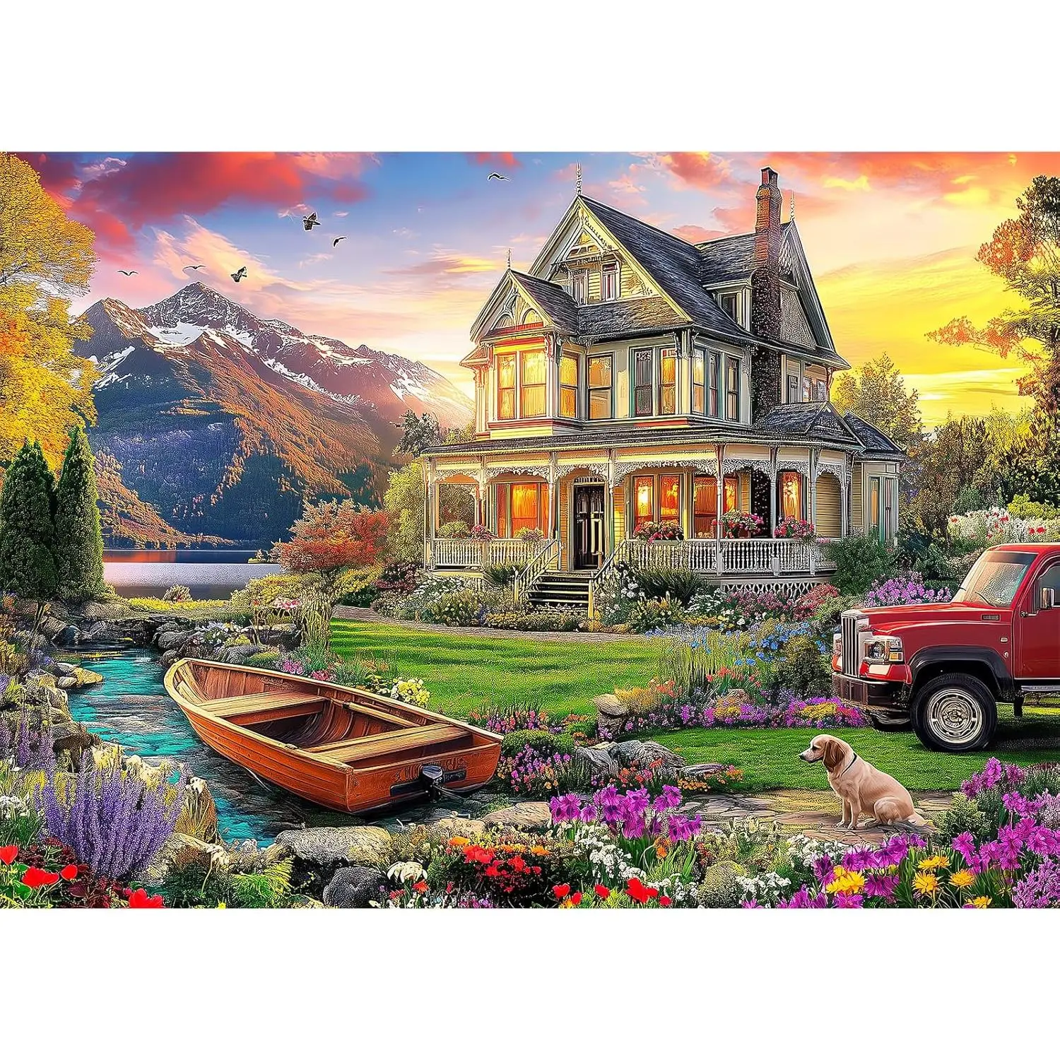 1000-Piece Autumn Landscape Interlocking Puzzle Kit, 28x20 in Villa & Dog Pattern - Beginner-Advanced Challenge Board Game, Adult Decoration Gift for Thanksgiving, Colleagues with Mesh Bag Included