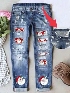 Women's Christmas Fashion Print Denim Jeans Boyfriend Casual Fitted Style Washed Distressed Ripped Design Elastic Waistband Long  Comfortable Breathable Fabric Perfect Fit Long Pants
