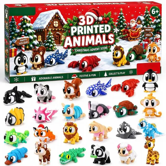2026 Christmas Advent Calendar with Mini 3D Printed Animals Toys | 24 Days Mini 3D Printed Animal Figurines with Big Eyes Flexible Fidget Toys for Kids Boys Girls Xmas Party Favors Gifts