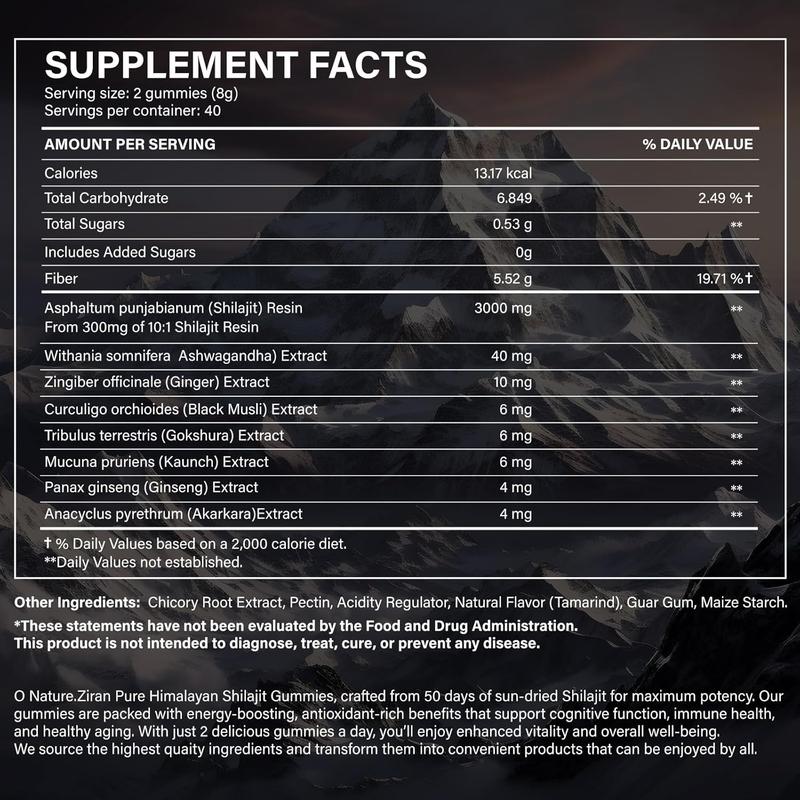 O Nature.Zian Pure Himalayan Shilajit Gold Gummies 3000 Mg with Ashwagandha Gokshura 85+ Minerals 80 Count Authentic Flavor Dietary Supplement