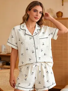 Women's Loose Soft Sleepwear Set, Bowknot Simple Short Sleeve Shorts, Two-Piece Casual for All Seasons, Pajama Loungewear