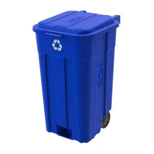 45 gal. Blue Heavy Duty Outdoor Recycling Trash Can with Wheels and Attached Lid