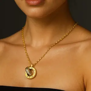 Eternal Love Interlocking Necklace 18K Gold Plated Stainless Steel Tarnish Resistant Waterproof Hypoallergenic Roman Numerals & Pavé Stones Love Gift