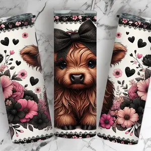 Highland Cow Black Bow Tumbler Bottle Drinkware Lid Straw