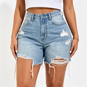 Women’s summer solid-color denim shorts, casual loose fit, distinctive distressed details, comfortable for everyday wear and easy to match.