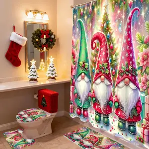 1/4 PCS Christmas Dwarf Shower Curtain Set with Non-Slip Rug, Gingerbread Decorations, Toilet Lid Cover and U-Shaped Mat, Winter Bathroom Decoration
