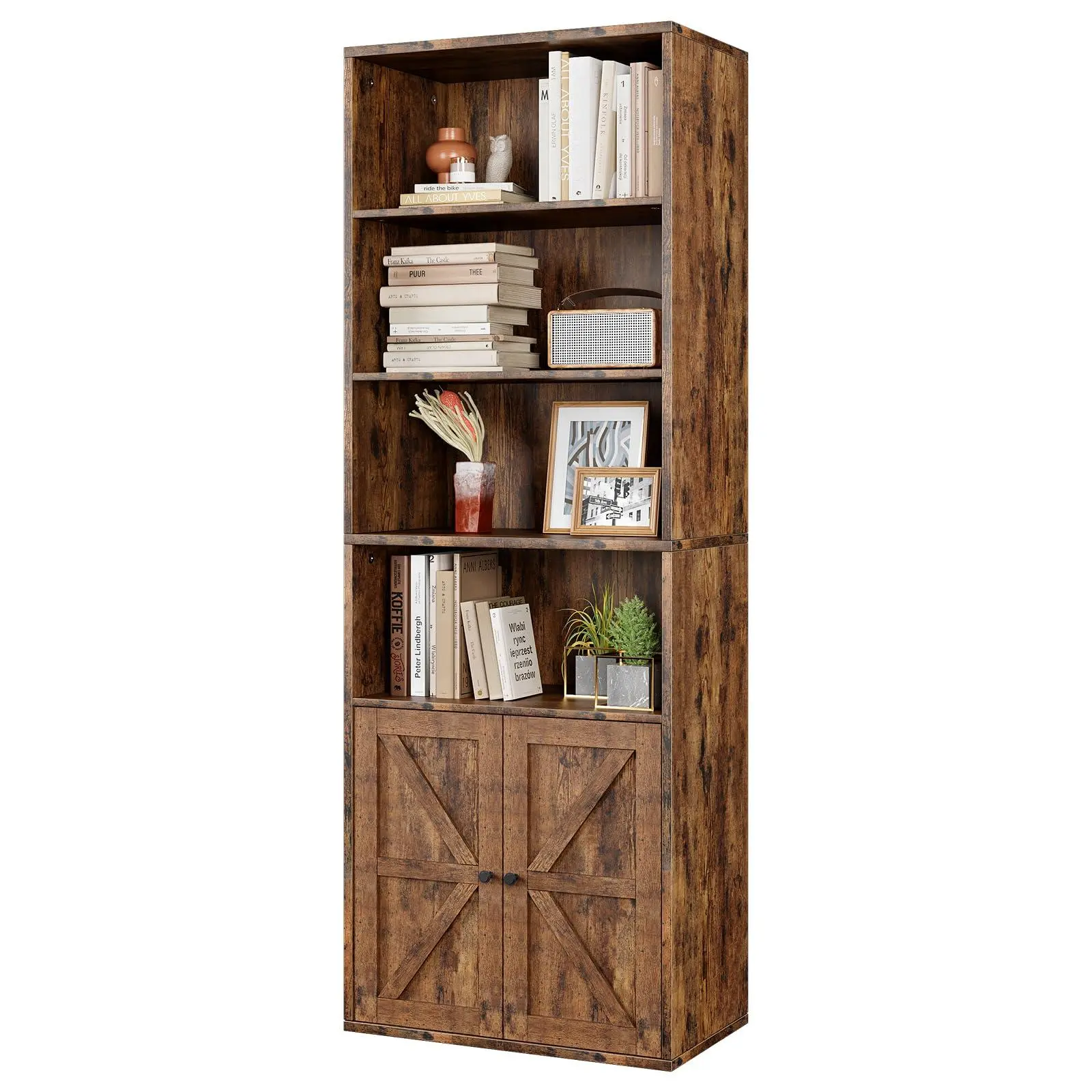 Rustic Wood 6-Shelf Kitchen Bookcase with Doors - 71.4in Tall, 11.8in Depth Display Storage, Adjustable Feet, Easy Setup, Assembly Required, Single Unit Farmhouse Indoor Furniture for Living Room, Home Office,sohochic
