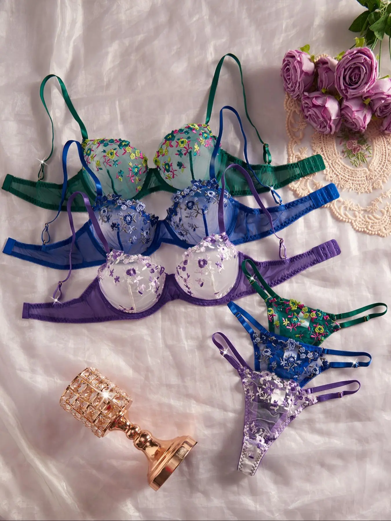 Women's Floral Embroidery Sheer Bra & Thong Set, Sexy Adjustable Strap Backless Bra & Panty Set, Lingerie Set for Women, Underwear, Bra Sets, Body Envy Sets, Clothing
