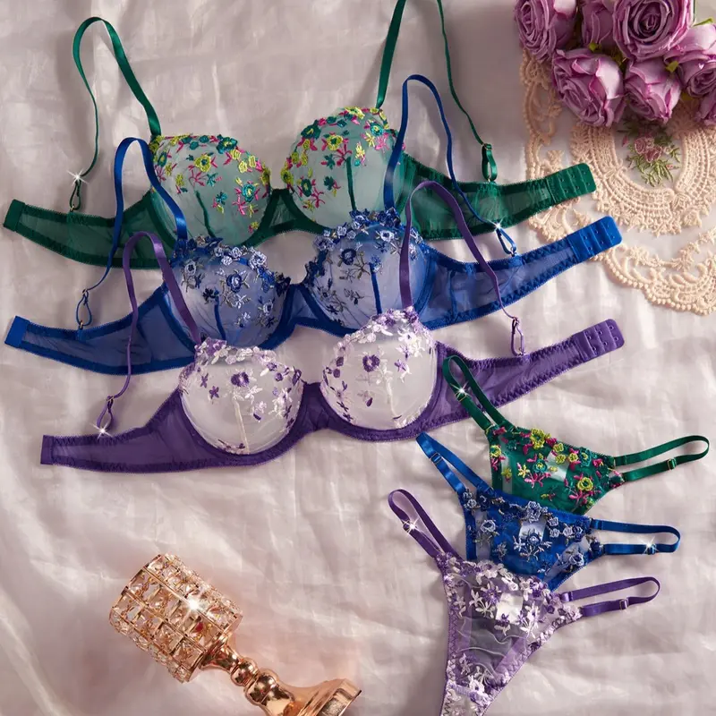 Women's Floral Embroidery Sheer Bra & Thong Set, Sexy Adjustable Strap Backless Bra & Panty Set, Lingerie Set for Women, Underwear, Bra Sets, Body Envy Sets, Clothing