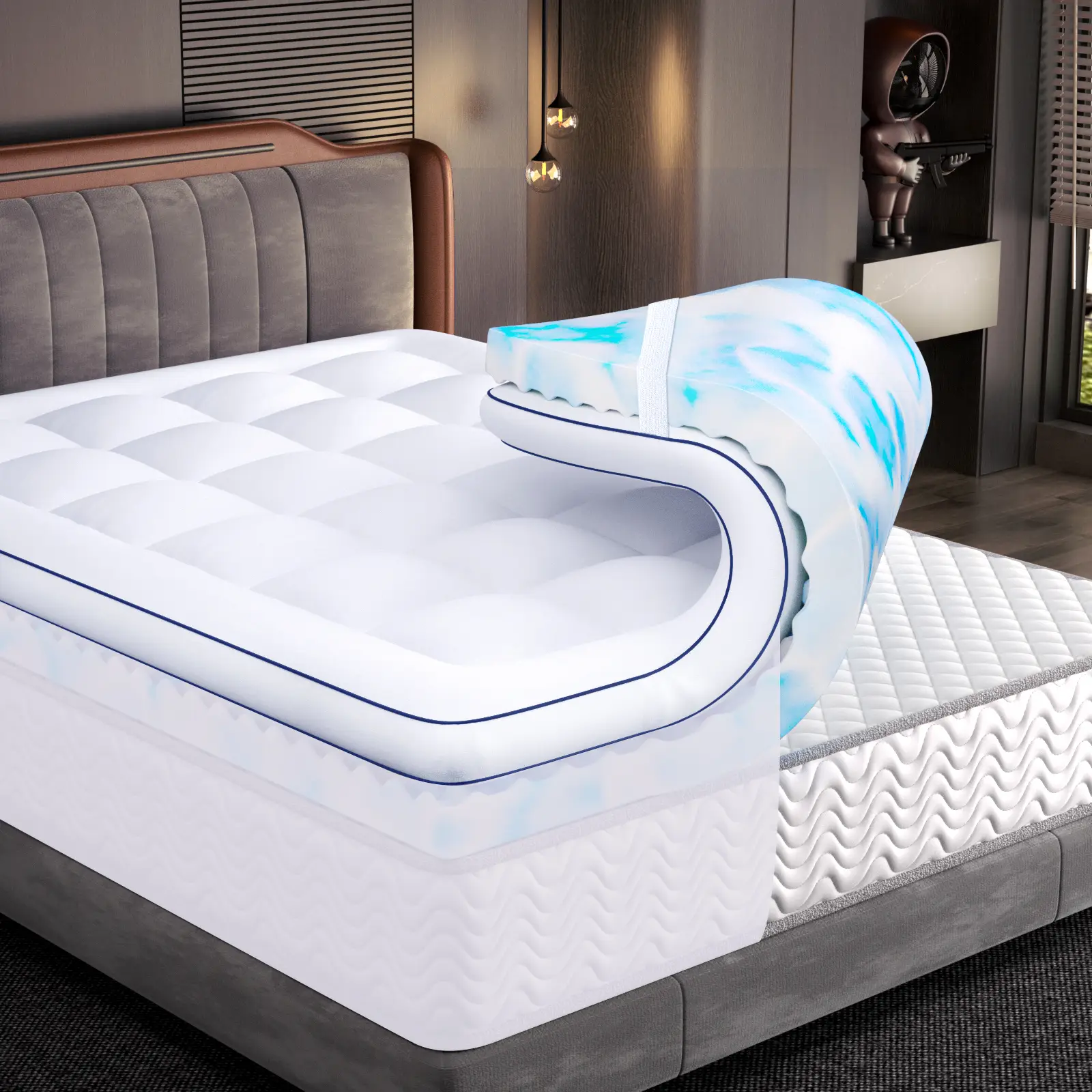 VIPfree Dual Layer Cooling Gel Memory Foam Mattress Topper 4 Inch Queen Size with Pressure Relieving Support and Breathable Cooling Gel Layer