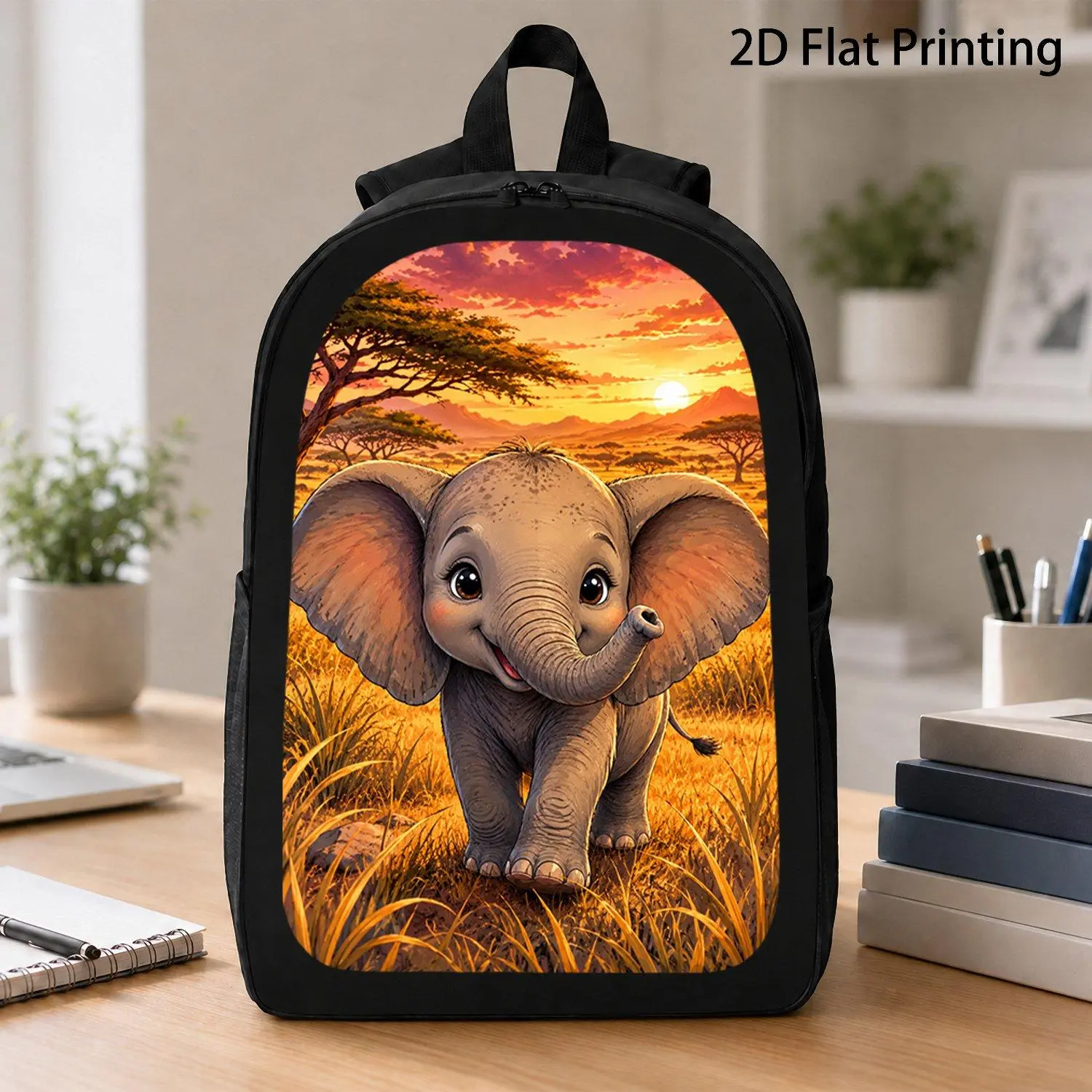 [17 Inch Backpack] 1pc Kawaii Baby Elephant African Savanna Sunset Scenery Print Backpack Viral Safari Animal Art Backpack Durable Travel Laptop Backpack Casual School Backpack Ideal Present For Wildlife Fans Boys Girls