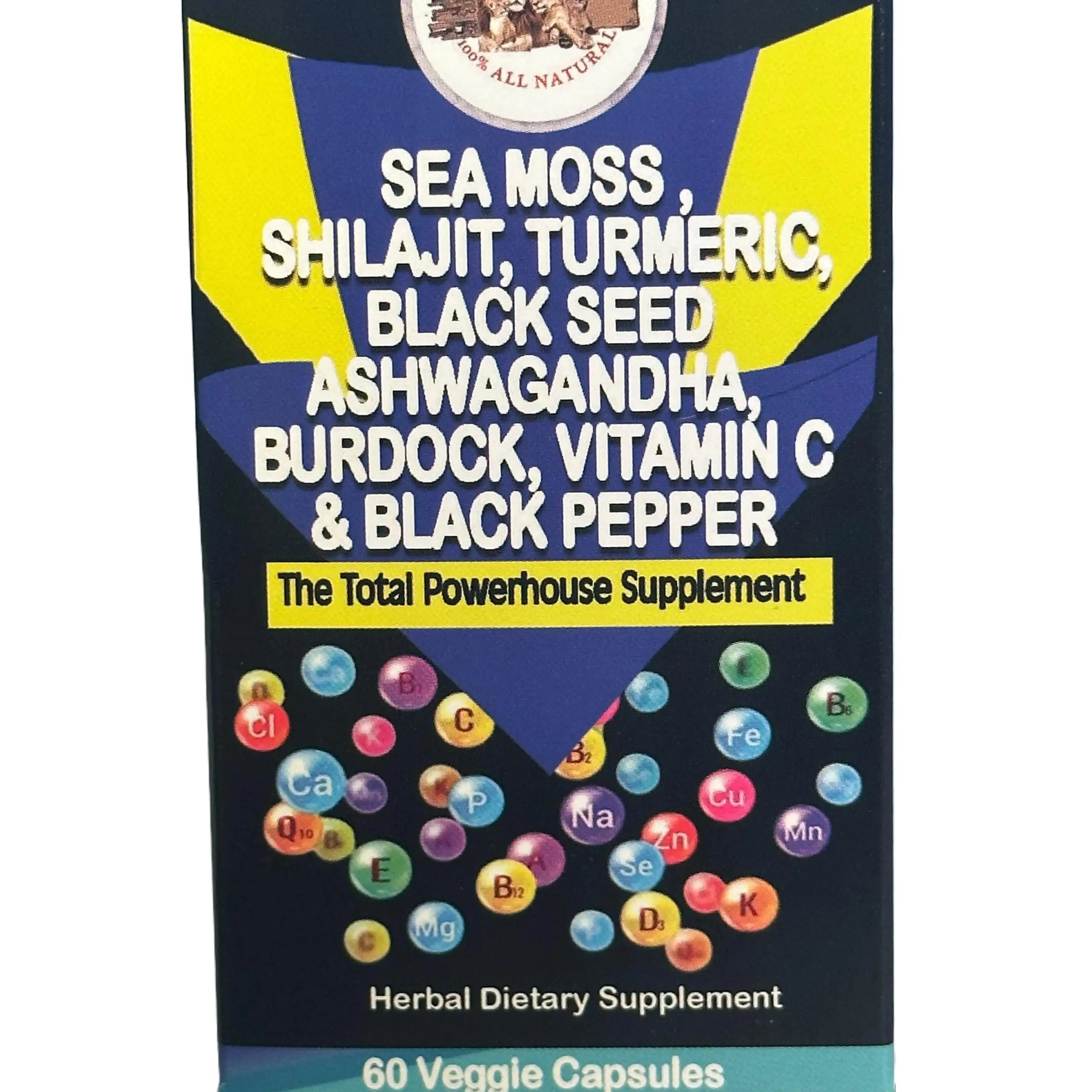 A To Z Organic Vitamins - Sea Moss Shilajit Turmeric Black Seed Ashwagandha Burdock Vitamin C & Black Pepper Total Powerhouse Supplement 60 Veggie Capsules - Healthcare