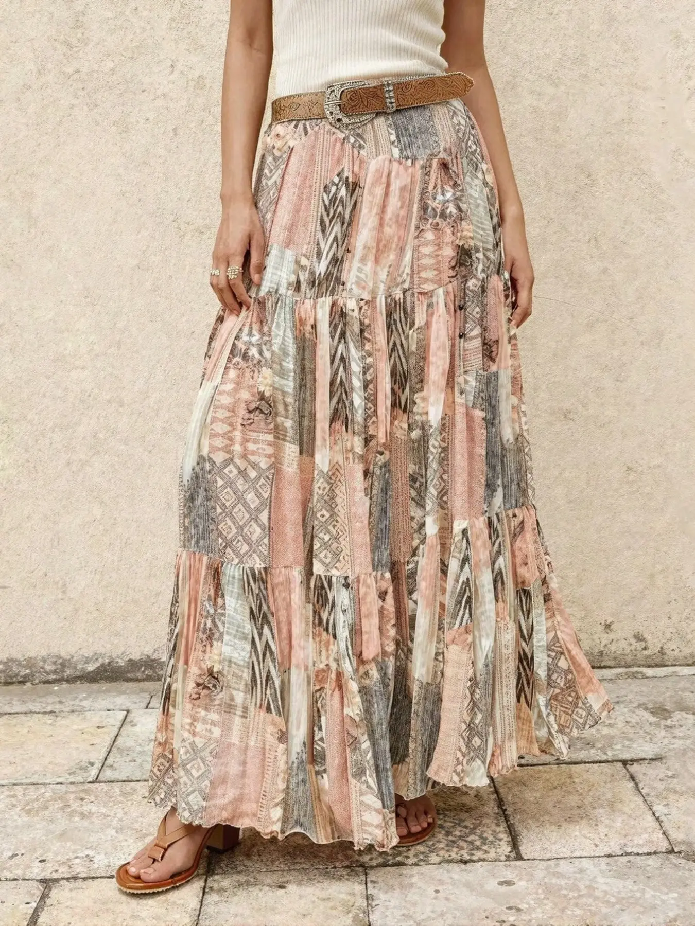 Women's Patchwork Print Cake Skirt, Mid-Waist Boho Maxi Long Skirt, Casual Summer Street Style, Sweet Girl Elegant Fashion Bohemian Bottoms, Printed Skirt, Boho Skirts