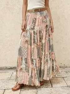 Women's Patchwork Print Cake Skirt, Mid-Waist Boho Long Skirt, Casual Summer Street Style, Sweet Girl Elegant Fashion Bohemian Bottoms