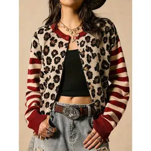 Elegant women’s leopard-print knit cardigan sweater, casual crew neck long-sleeve top, knitted for spring, summer, autumn, winter