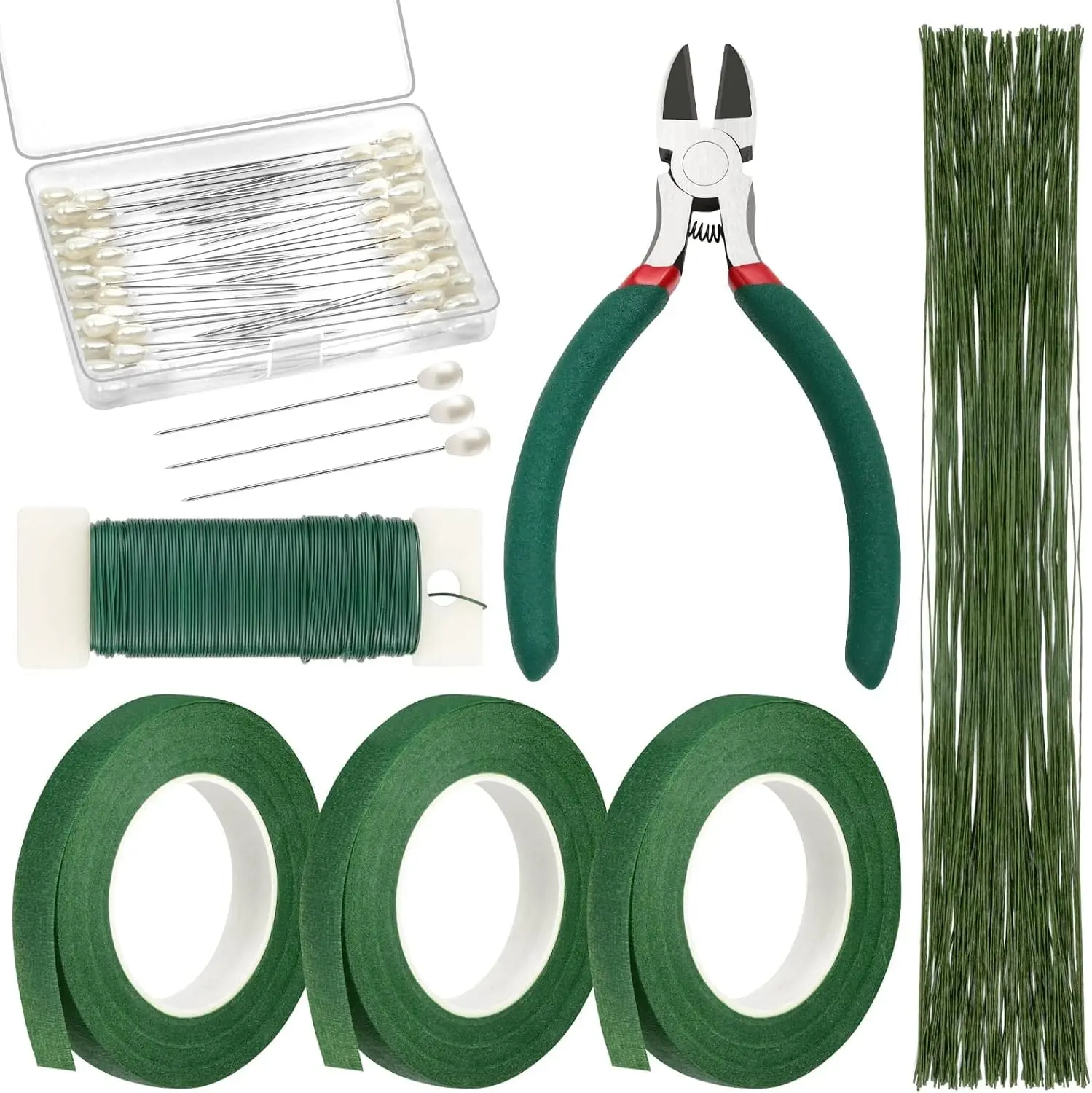 Floral Arrangement Kit with Green Tape, Wire, Boutonniere Flower Pin and Wire Cutter, Ideal for Wreath Making DIY Floral Craft Supplies