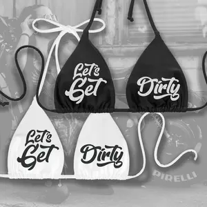 Let's Get Dirty Bikini Top - Black & White Halter Triangle Bra with Removable Padding High Stretch Fabric Machine Washable