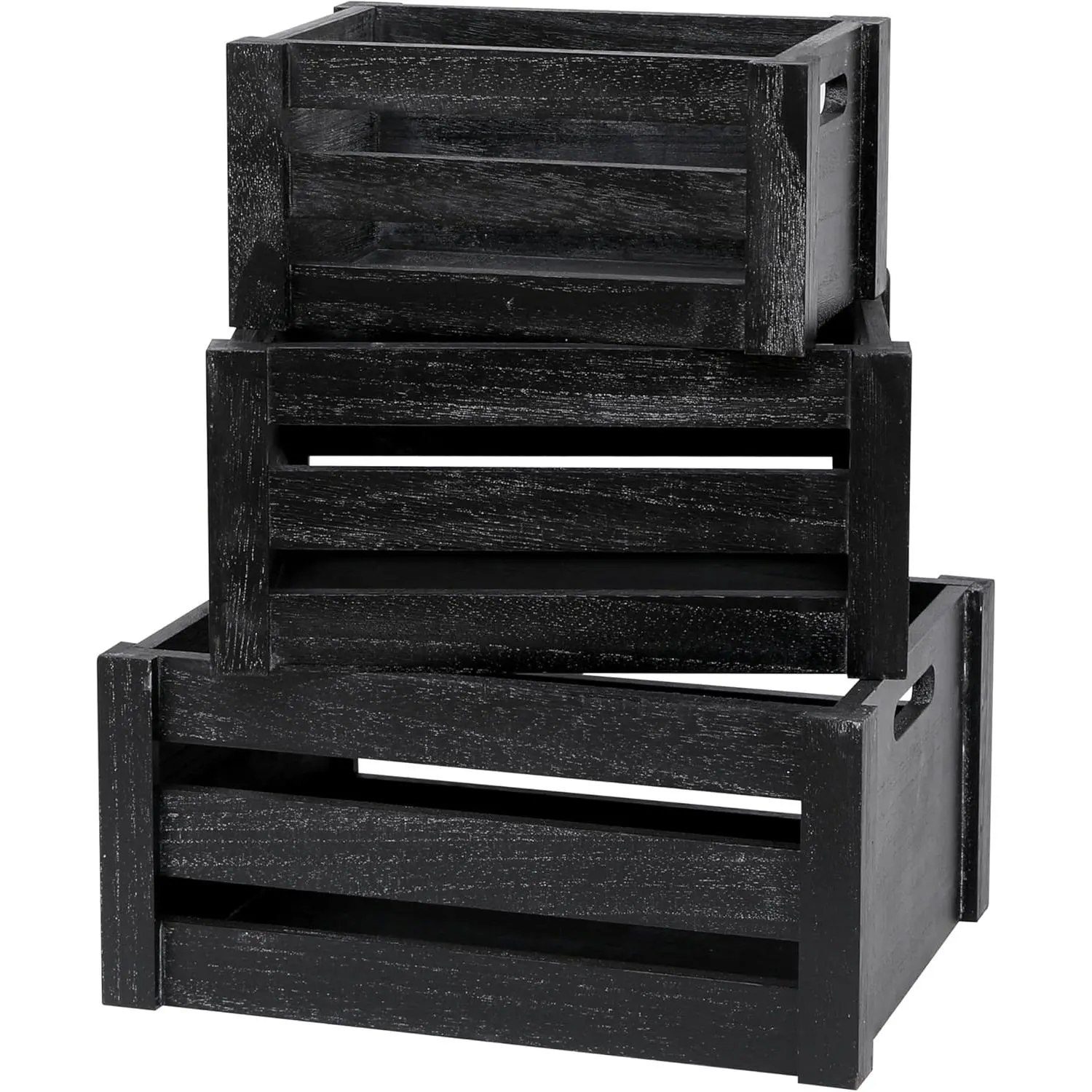 Large Classic Black Wooden Crates for Display, Set of 3 Wood Crates with Handles, Rustic Handmade Solid Wood Boxes for Storage or Display (Classic Black)