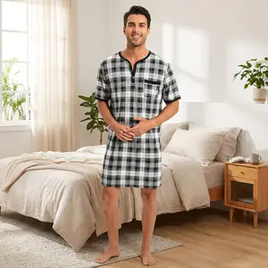 Men's Summer Short Sleeve Henley Nightshirt - Knee Length Sleepwear with Chest Pocket, Comfortable Breathable Cotton Loungewear for Home, Nightwear, Relaxation, and Casual Sleep Comfort