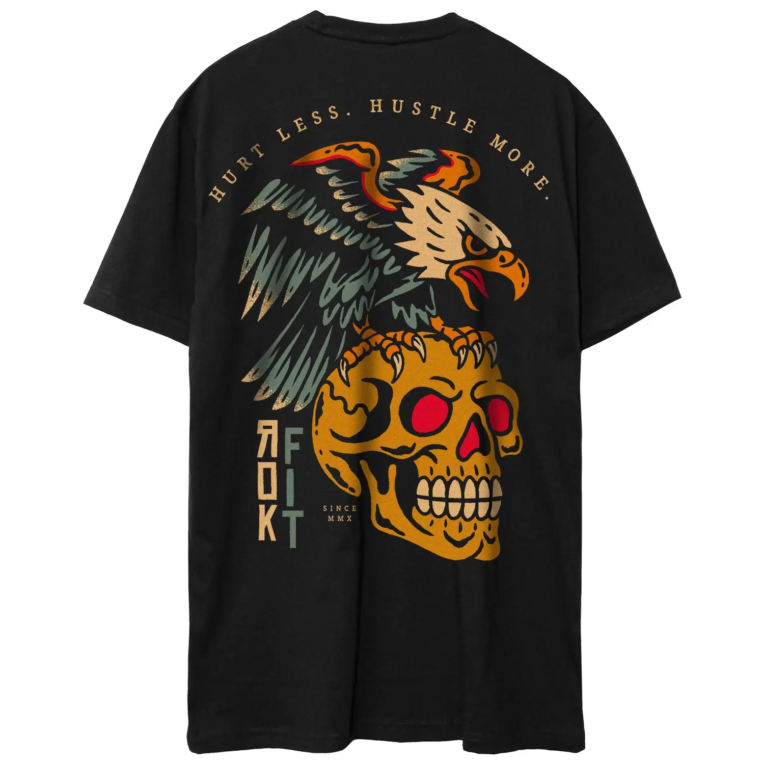 RokFit 'Hurt Less Hustle More' Soft, durable blended material T-Shirt with Black Eagle Print Tee Crew Neck