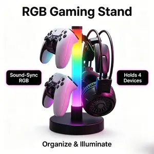 RGB LED Game Controller Holder, 4-Port Gaming Controller & Headphone Stand with Dynamic Light Effect, Multi-Device Storage Rack for PS5, PS4, Xbox, Switch Controllers, Gaming Accessories for Desk, Bedroom & Gaming Room