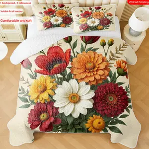 3 pcs, 2D Flat Print Vibrant Floral Bouquet Pattern Bedspread Set, Decorative Bedding Set, Soft and Comfortable, Multiple Sizes Available, Suitable for Gifting and Daily Use, Ideal for Creating a Cozy Home Atmosphere(1 bedspread , 2 pillowcases)