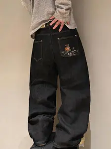 Street Style Streetwear Koi Embroidered Wide-Leg Denim Jeans for Men, Casual Loose-Fitting Straight Jeans for All Seasons, Perfect Gift for Boyfriend, Husband, Friends