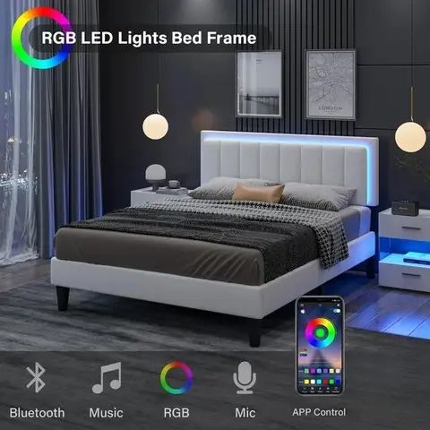 HOMBCK Platform Bed Frame - Luxury Leather Headboard, APP-Set LED Mood Lights with APP-Light Control, No Mattress/Box Spring Needed, Solid Wood Slats, Easy Setup Modern Bedroom Furniture,familyfun