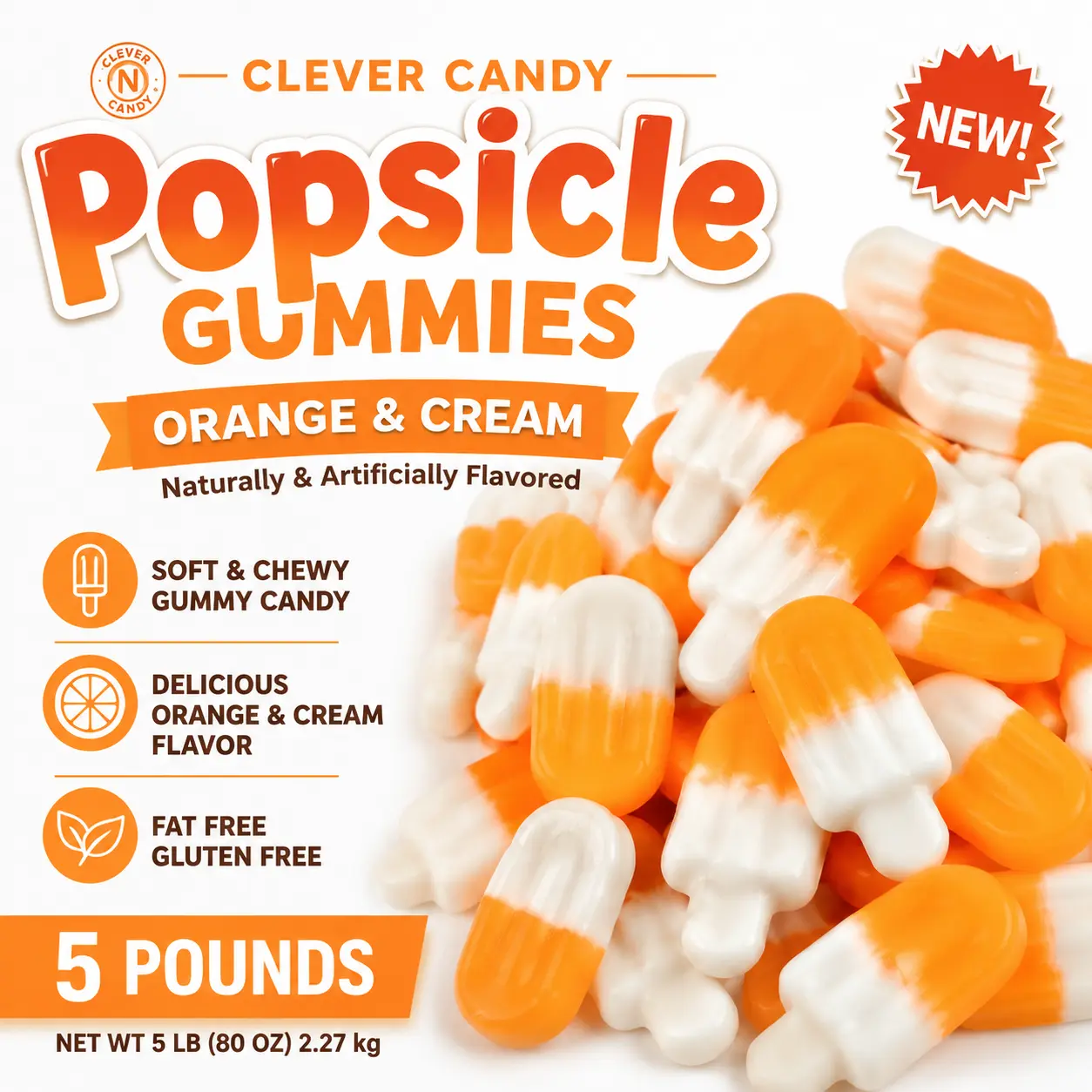 Clever Candy Popsicle Gummy Orange & Cream 5 lb Bulk Bag  Popsicle-Shaped Gummy Candy | Fun Party Treats & Candy Buffets