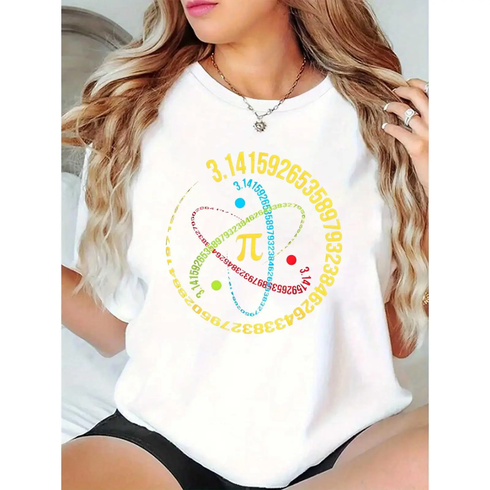Women's Pi Symbol Graphic Print T-Shirt, Casual 100% Cotton Crewneck, Comfortable Basic Essential Tee for Pi Day, Prints, Round Neck, Elegant, Feminine