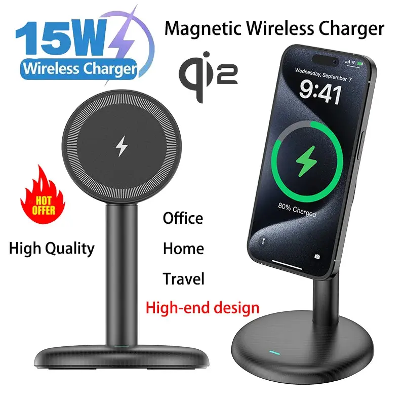 15W Magnetic Wireless Charger Phone Stand for iPhone 17 16 15 14 13 Pro Max Desktop Base Compatible Quick Charging Dock