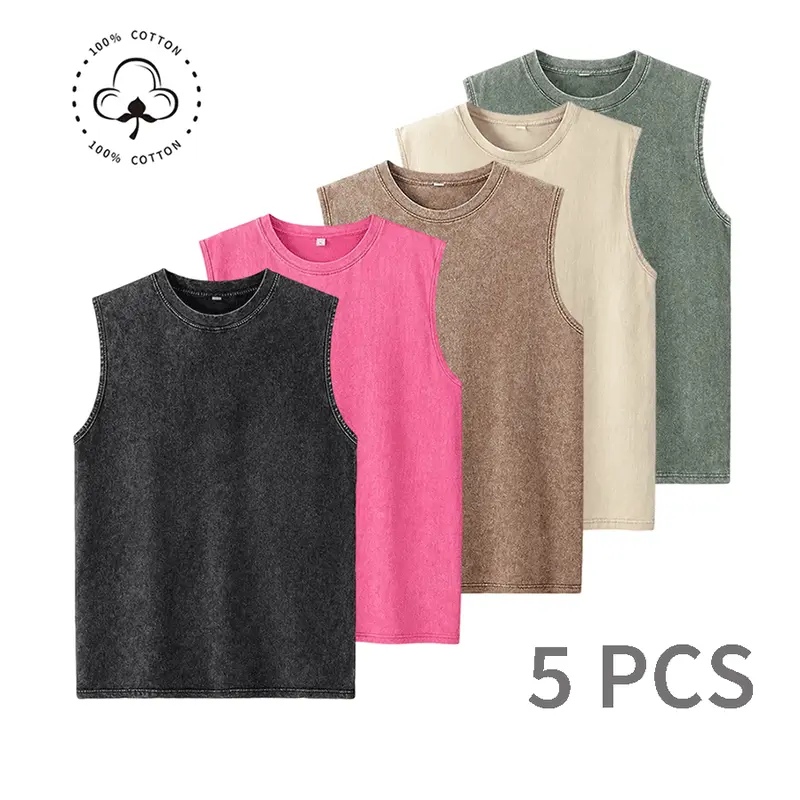Men’s 5 Pack Washed Vintage Heavy Cotton Tank Tops, Loose & Athletic Fit, Durable Workout Sets for Intense Training, Sleeveless Gym Sportswear, Casual Wear