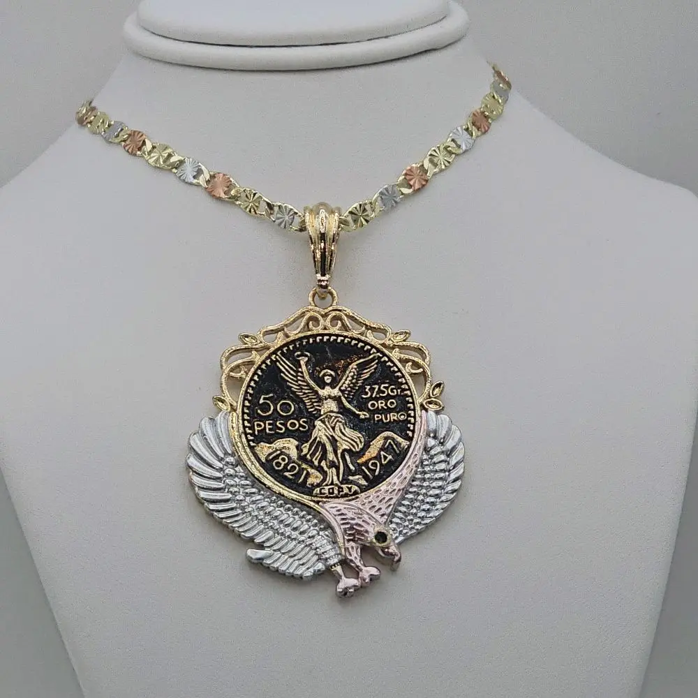 N98-Mexican Centenaty Design 4 Color Tone Med Eagle Pendant 4mm 23.75 3 Color Chain Copper Gold Plated 25.1 Grams