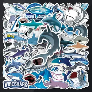 Cartoon Shark Pattern Sticker, 50pcs/set Waterproof Self Adhesive Decor Paper, Decor Sticker for Gift Greeting Card Water Bottle Laptop Phone