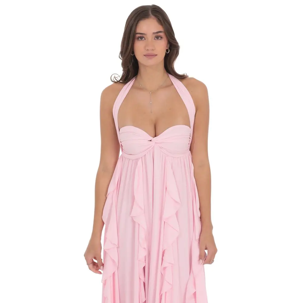 Halter Ruffle Babydoll Maxi Dress in Pink - TikTok Shop