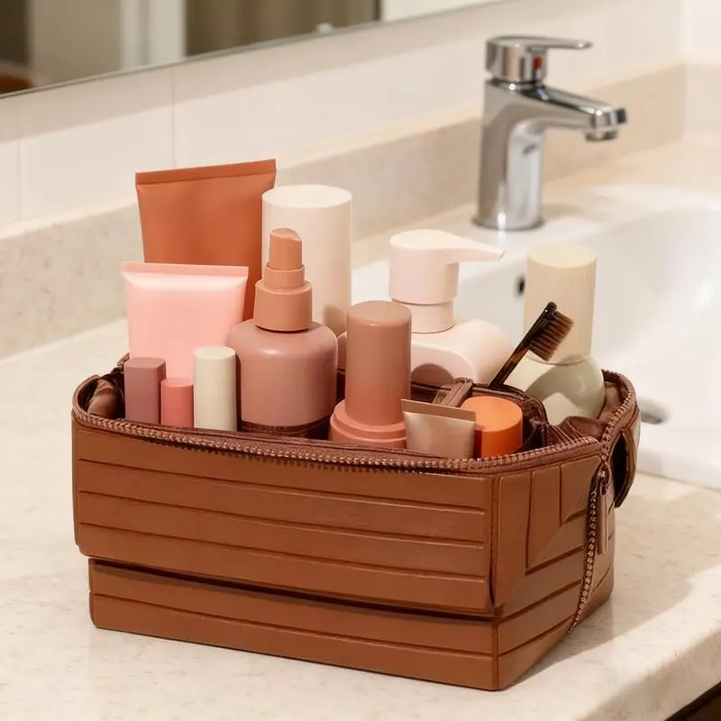 Foldable Waterproof Makeup Bag, Multiple Compartments, Large Capacity Travel Storage, Durable, Fashionable, Zip Closure, Lightweight, Travel Cosmetic Bags, Travel Beauty Bag, Travel Makeup Pouch, Portable Makeup Pouch, Travel Makeup Bags Organizers