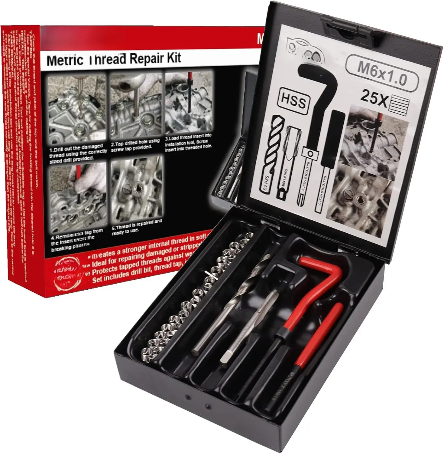 M6x1.0 Thread Repair Kit, HSS Drill Helicoil Kit with 304 Stainless Steel Components, 135° Apex Angle Installation Tool, for Car, Plumbing & All Metals Applications, Boosts Efficiency & Thread Longevity, Longer Lasting Durable Threads