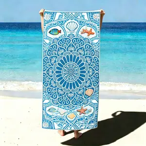 Blue Mandala Beach Towel - Microfiber Quick Dry Sand Free Towel with Fish & Seashell Print, Super Soft Absorbent Lightweight Towel for Travel, Yoga, Swimming, Camping, Pool