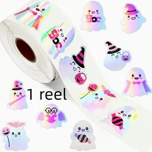 Halloween Stickers Roll, Cute Funny Stickers Holographic Finish Waterproof Self-Adhesive, 500 Sheets Per Piece, Envelope Diary Decoration Party Supplies